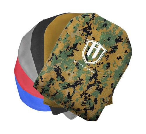 A picture of White Horse Defense's Bulletproof Backpack Inserts in Digi-camo, Tan, Black, Grey, Red, and Blue